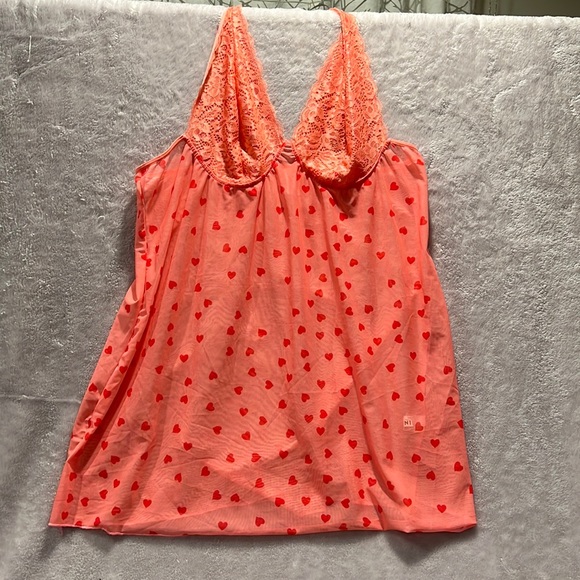Halter teddy; coral color with red hearts. - Picture 1 of 3